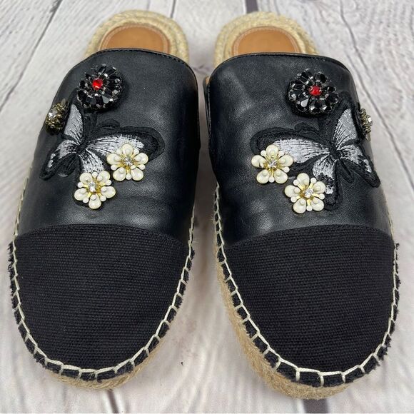 BILL BLASS Wallis black floral & butterfly embellished espadrille mules, size 9 - Picture 4 of 13
